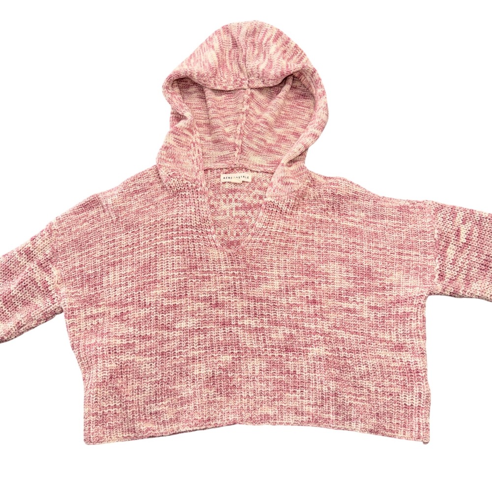 Aeropostale Womens Pink Marled Knit Cropped Hoodie Sweater Size Small Drop Shoul